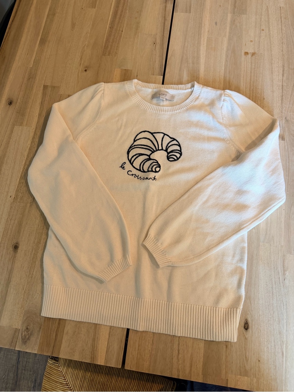 LOFT Cream Crewneck Sweater with Croissant Embroidery